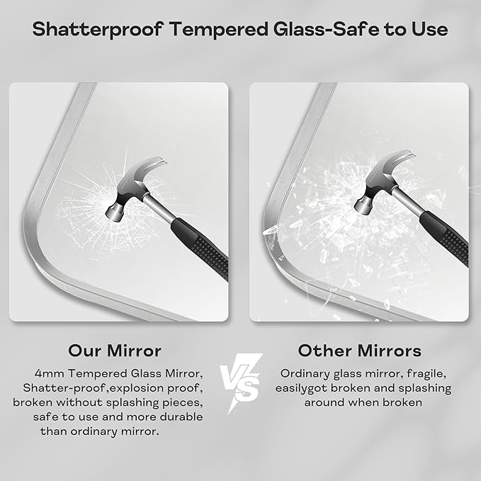 Brushed Nickel Bathroom Wall Mirror, Silver Metal Framed Large Rounded Corner Rectangle Mirror, Tempered Glass, Shatter Proof, Hangs Horizontally or Vertically (30" x 55", Silver)