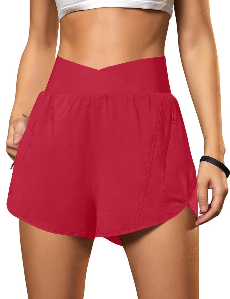 Blooming Jelly Women's Workout Shorts Athletic Running Casual Summer Quick Dry Gym Active Shorts with Zipper Pocket (Red,Large)