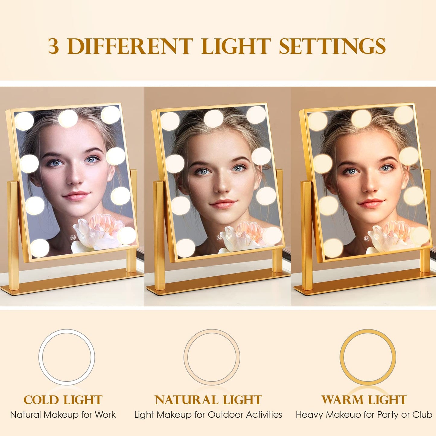 Lighted Makeup Mirror Hollywood Mirror Vanity Mirror with Lights, Touch Control Design 3 Colors Dimable LED Bulbs, Detachable 10X Magnification, 360°Rotation, (White) 12" L x 14" W
