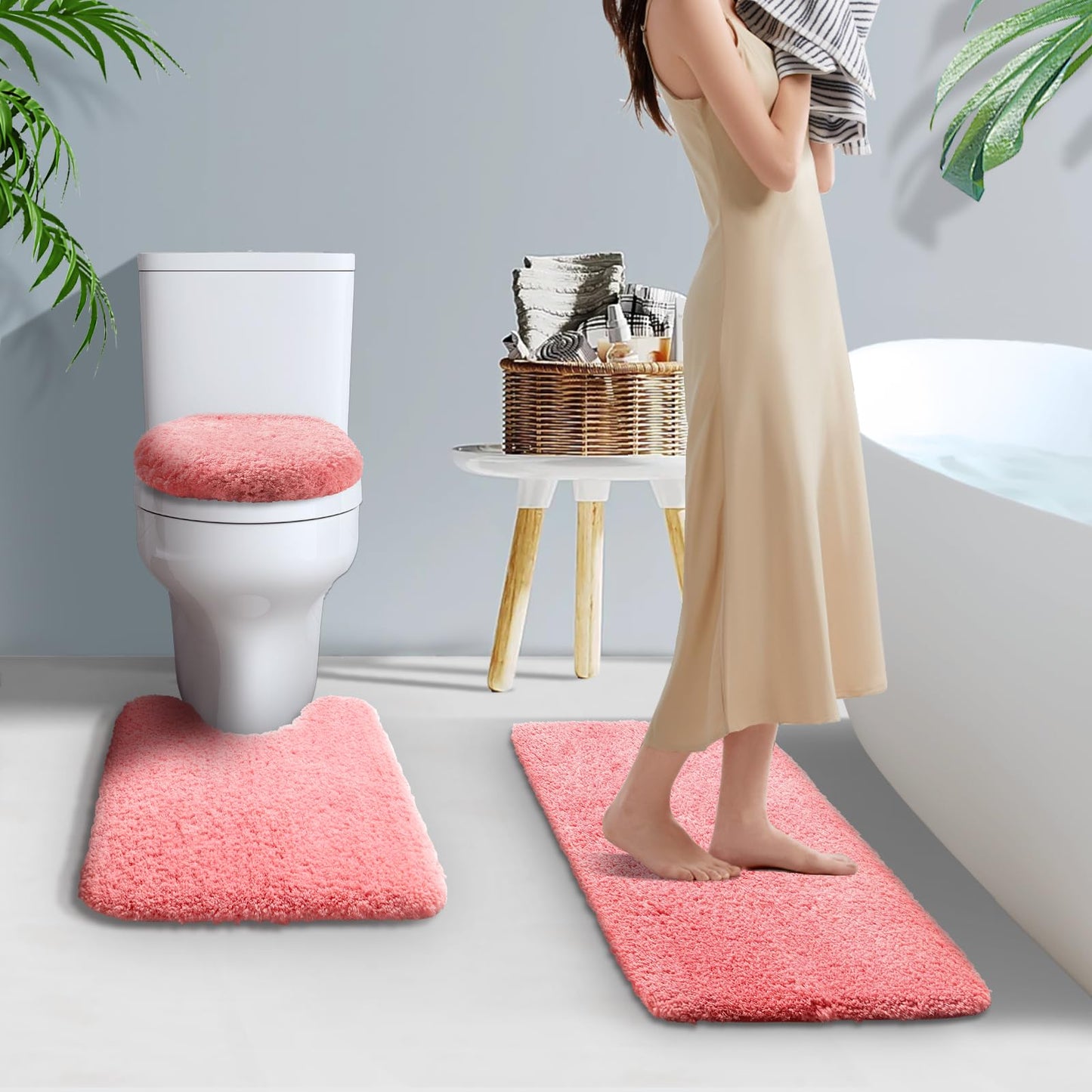 Baahrnom Bathroom Rugs Sets 3 Piece with Adjustable Toilet Seat Cover 17.5"x 15" Machine Washable Bath Rug Set with TPR Non Slip Rubber Backing Solid Bath Mat Set for Luxury Bathroom Decoration