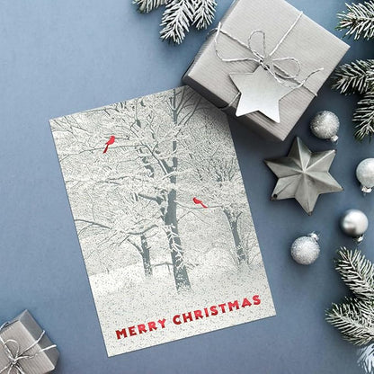 Masterpiece Snowy Trees And Cardinals Christmas Cards / 15 Winter Holiday Cards Set With Glitter And Red Foil With White Envelopes / 5 5/8" x 7 7/8" Sparkling Snow Greeting Cards With Inside Verse