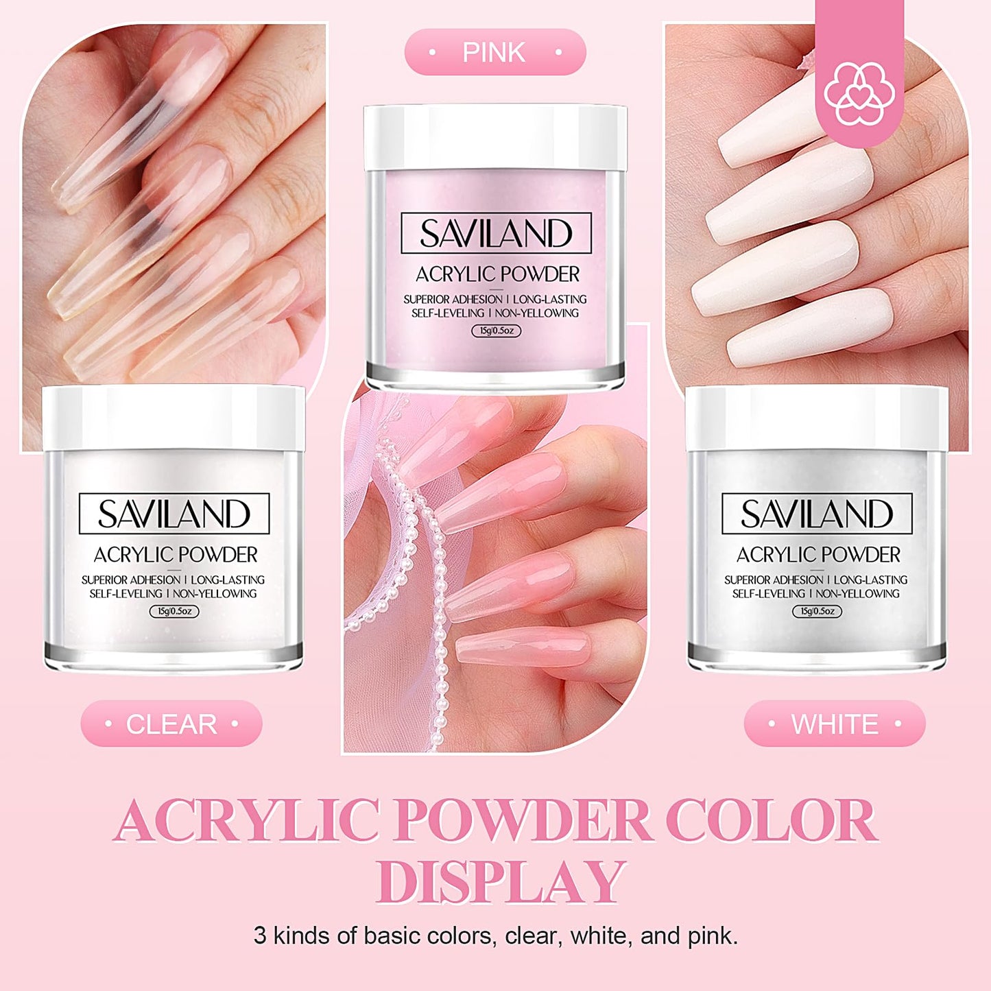 SAVILAND Essentials Acrylic Nail Kit Starter: Acrylic Nail Kit for Beginners with Everything White Pink Clear Acrylic Powder and Liquid Set #8/10/14 Nail Brush Forms Manicure Tools Home Nail Salon DIY