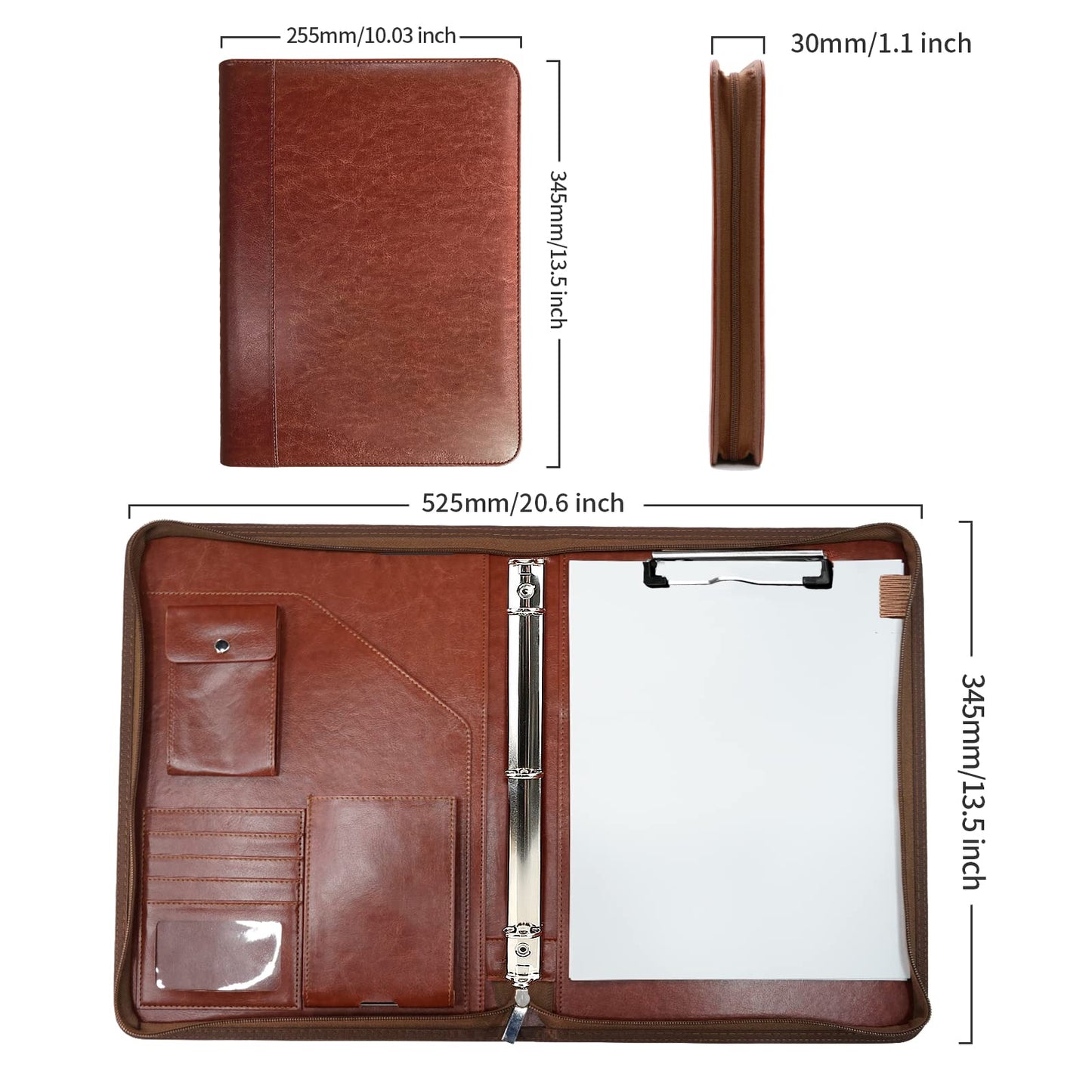Zippered Portfolio Organizer, WRIYES Leather Padfolio with 3 Ring Binder, Professional Business Binder, Organizer for IPad/Document, Phone & Business Cards, Office Gifts for Men or Women (Brown)