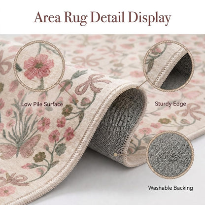 BreezeRise 5x7 Area Rug for Living Room，Boho Beige Butterfly Bow Rug Pink and Green Florals，Non-Slip Washable Foldable Bedroom，Dining Room