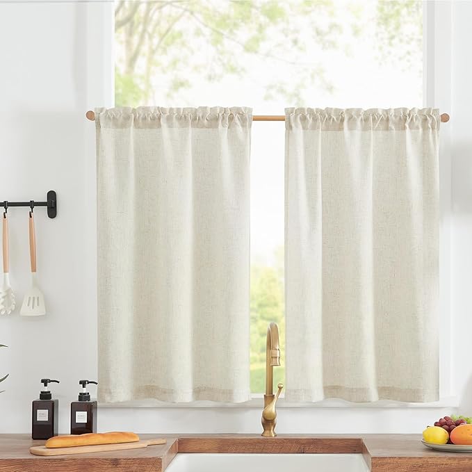 jinchan Linen Textured Tier Curtains 24 Inch for Kitchen Windows Country Farmhouse Cafe Small Curtain Rustic Light Filtering Half Curtains for Living Room Laundry Bathroom Rod Pocket 2 Panels Crude