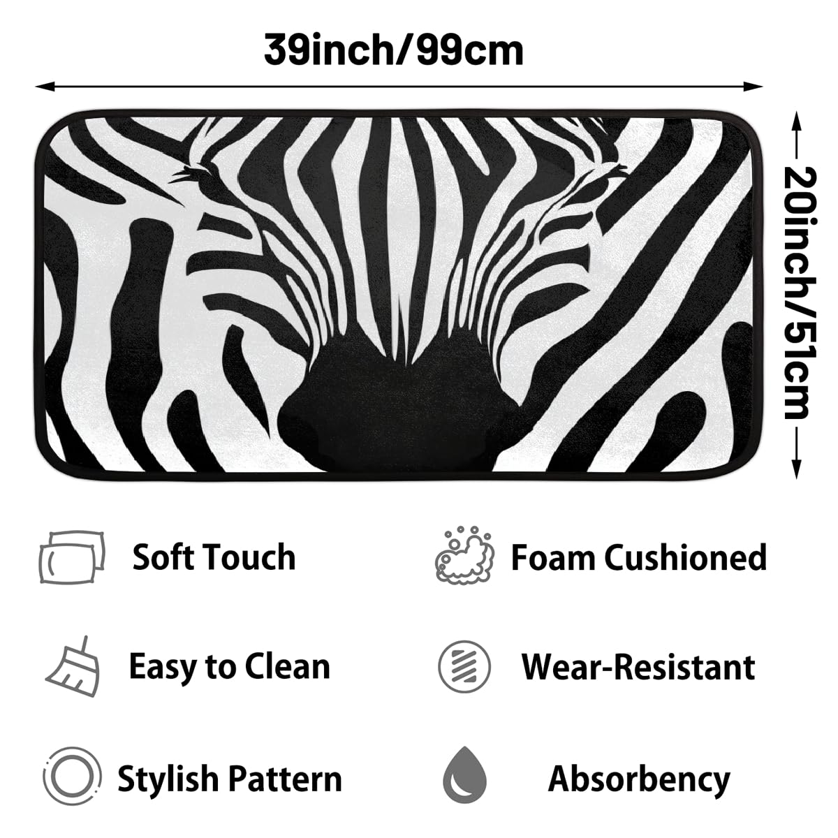Black White Zebra Print Kitchen Rug Mats Anti Fatigue, Non Slip Doormat Comfort Standing Mat for Indoor Entryway Bedroom Garage Floor 39"x 20"