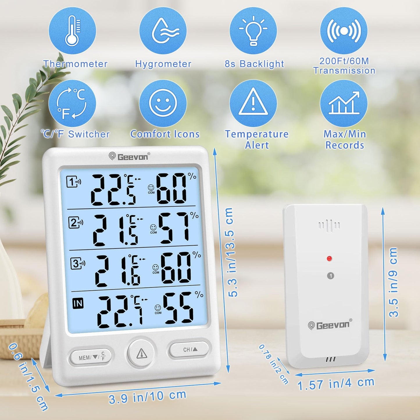 Geevon Indoor Outdoor Thermometer Wireless with 3 Remote Sensors, Digital Hygrometer Thermometer, Wireless Temperature Humidity Monitor Gauge with 200FT/60M Range (Black)