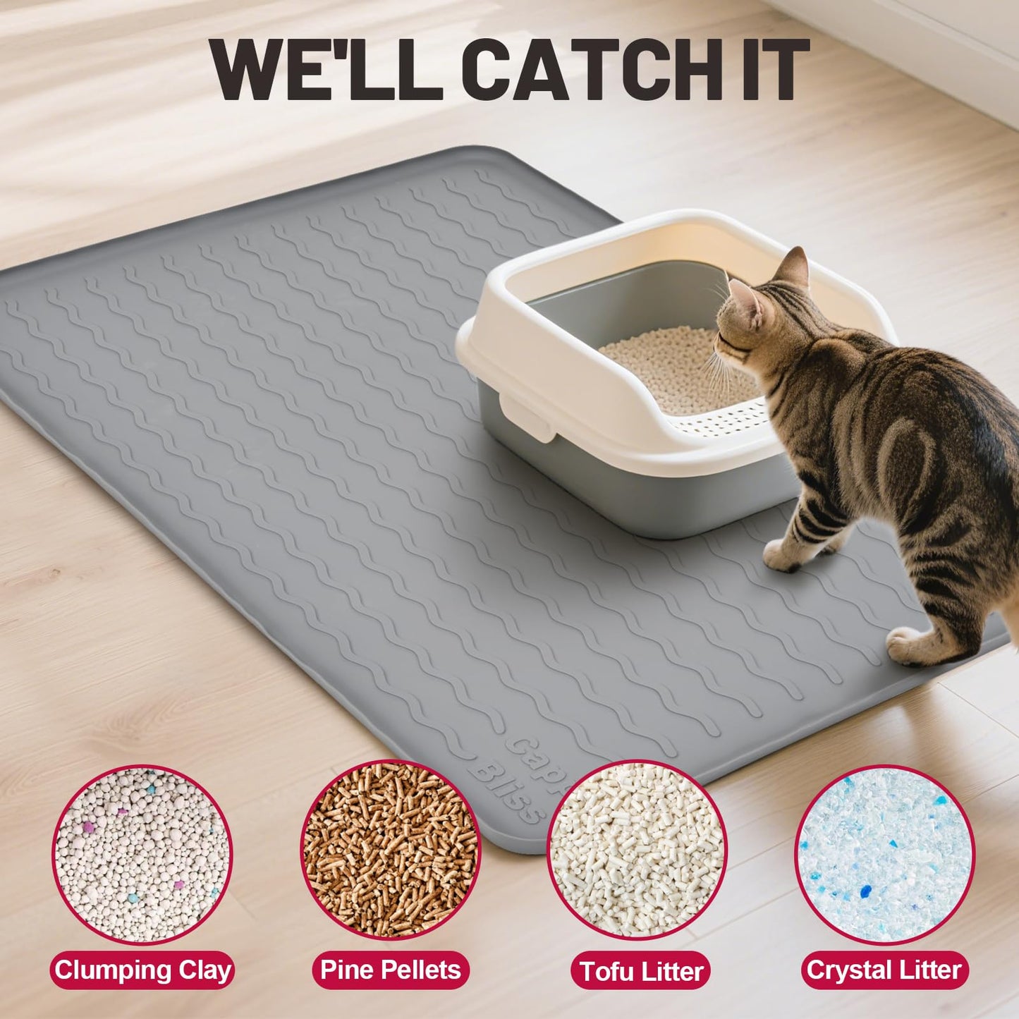 CappyBliss Large Silicone Cat Mat for Litter Box, 34"x22" Waterproof & Urine-Proof Pad with Litter-Trapping Waves, Non-Slip, Easy Clean & Paw-Safe (Gray)