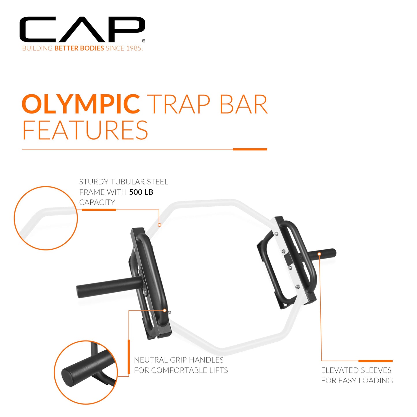 CAP Olympic Trap & Shrug Bar with Elevated Grip, 500-Lb Capacity – White