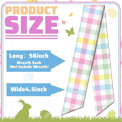 Wreath Sash for Front Door Wreath Satin Sash Blank Sashes Embroidery Monogram Yard Doorway Indoor Outdoor Wall Ribbon Bow Home Decor(Pastel,Easter Buffalo Plaid)