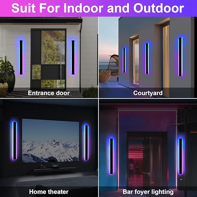 2 Pack RGB Outdoor Long Wall Lights Fixture,40 inch Modern Outdoor LED Wall Light,Dimmable Outside Wall Sconce Linear Lights,Exterior Lighting Fixtures for Garage,Porch,Patio,Front Door