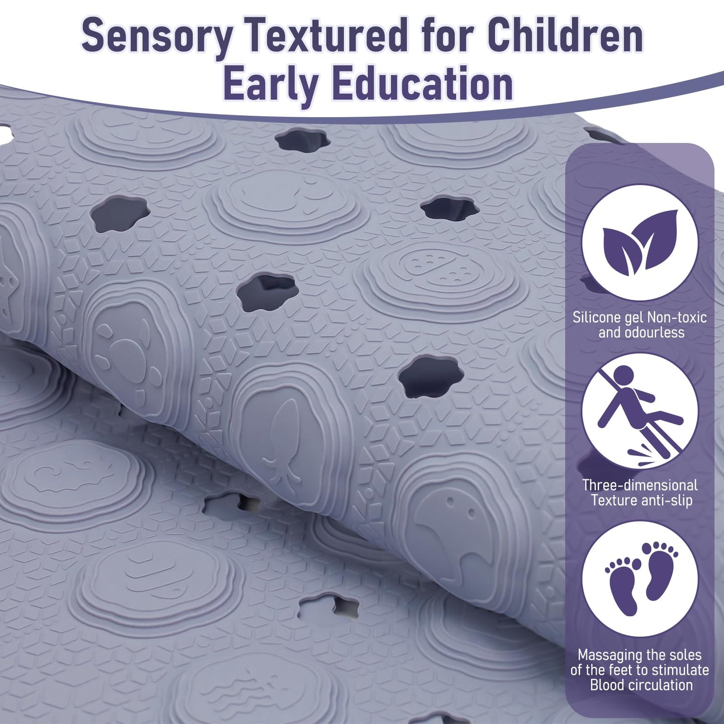 EaTubano Silicone Non-Slip Bath Mat for Tub & Shower, 35x16 Inch - Acupressure Grip, Quick-Dry with Suction Cups & Drain Holes, Safe for Kids & Elderly, Machine Washable (Purple)