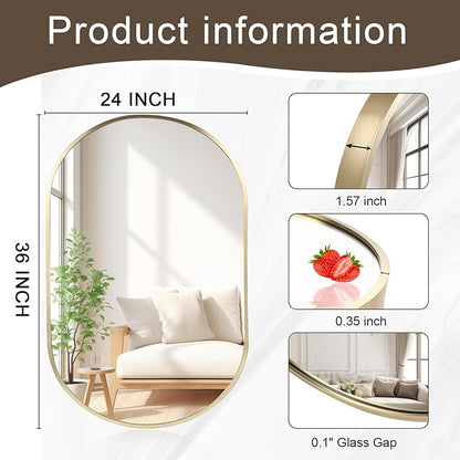 24x36 inch Oval Bathroom Mirror, Gold Vanity Wall Mirror with Brushed Metal Frame, Oval Mirrors for Bathroom, Entryway, Over Sink, Living Room