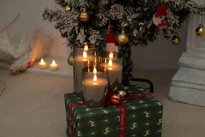 Glass Flameless Pillar Candles Flickering with Remote Timer, Battery Operated LED 3D Moving Flame Real Wax Candles,Remote Included (Gray)