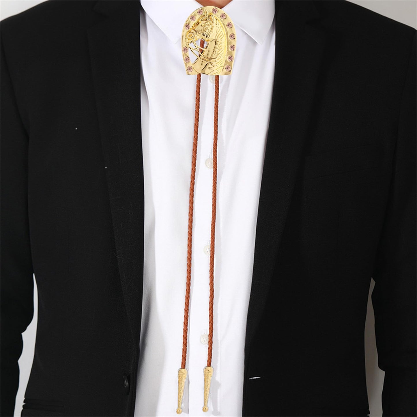 GelConnie Brown Rope Bolo Ties for Men Gold Western Cowboy Leather Necktie Women Horseshoe Bolo Tie with Brown Diamond