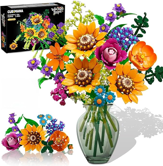 Wild Flowers Bouquet Building Set with Lights - 912PCS Wildflower 18 Botanicals Collection Building Blocks Sunflower Rose Plants Home Decor Easter Gift for Her Mom Women Adults Girls 12+