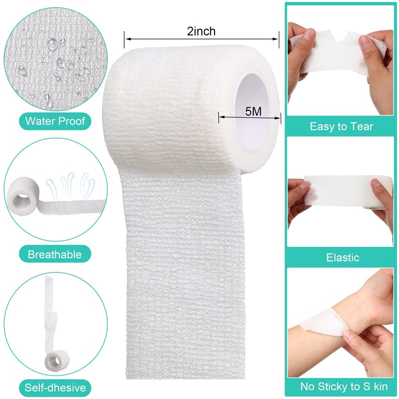 Treela 64 Pack 2" x 5 Yards Self Adhesive Cohesive Bandage Wraps, Elastic Breathable Athletic Tape, Flexible Self Adherent Bandage Rolls for Wrist, Ankle, Fingers, Sports & Pets (White)