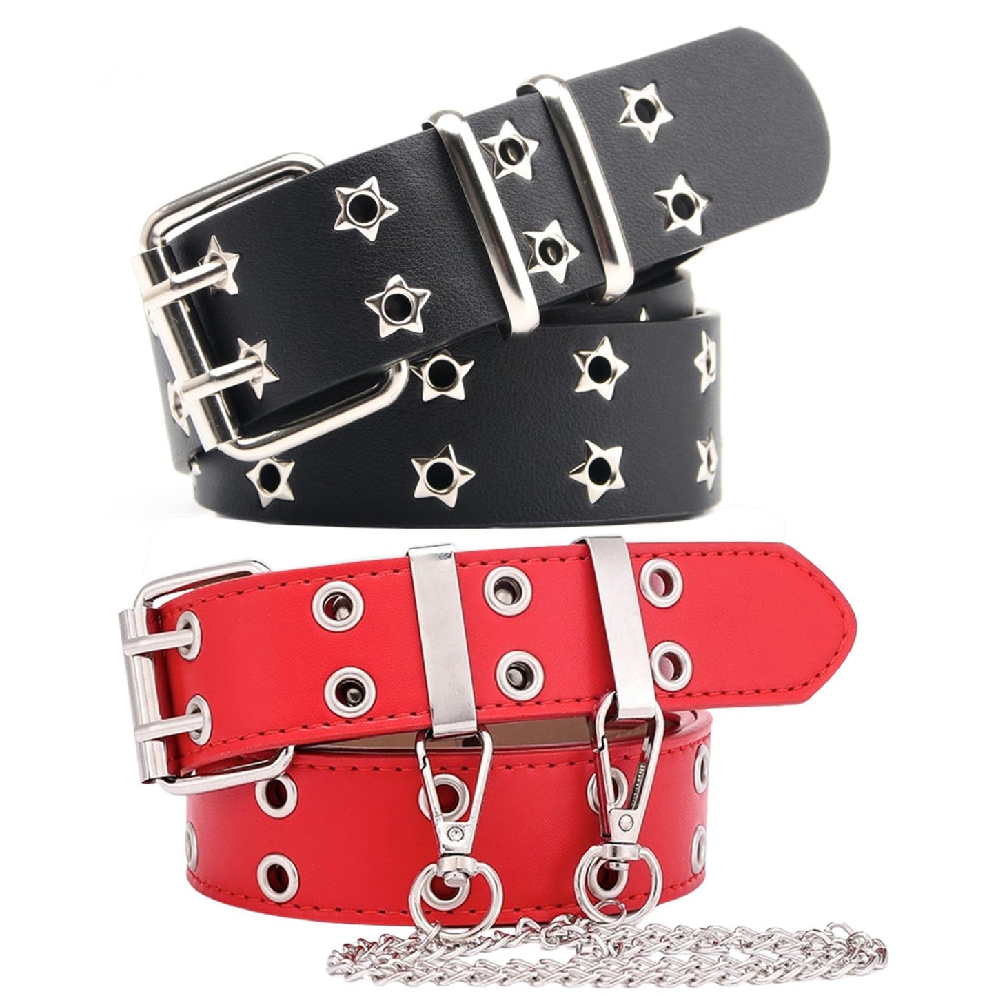 soolekee 2PCS Womens Men Black Red Double Grommet Stars Studded Punk Belt with Chain Gothic for Dress Skirts Pants Solid 49 inch