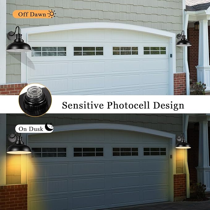 Dusk to Dawn Outdoor Gooseneck Barn Light Outdoor Wall Sconce Farmhouse Exterior Wall Mount Light Vintage Outside Wall Lighting Fixture Industrial Black White Lantern for Porch Garage,1 Pack