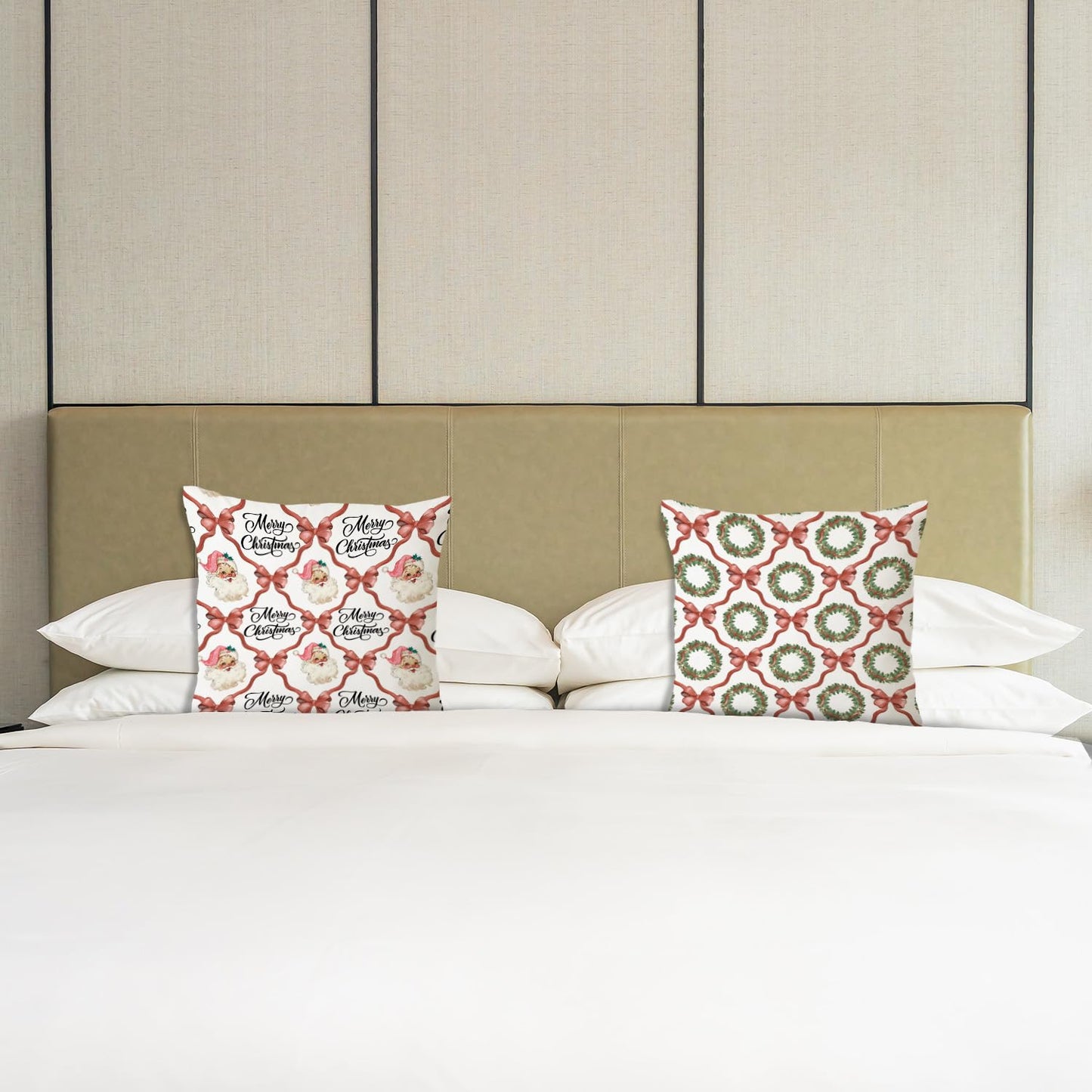 JINYO Coquette Red Bow Christmas Wreath Santa Pillow Covers 18x18, Coquette Preppy Christmas Decor, Girly Pink Santa Xmas Winter Holiday Throw Pillow Covers for Girls Room Dorm Apartment Set of 2