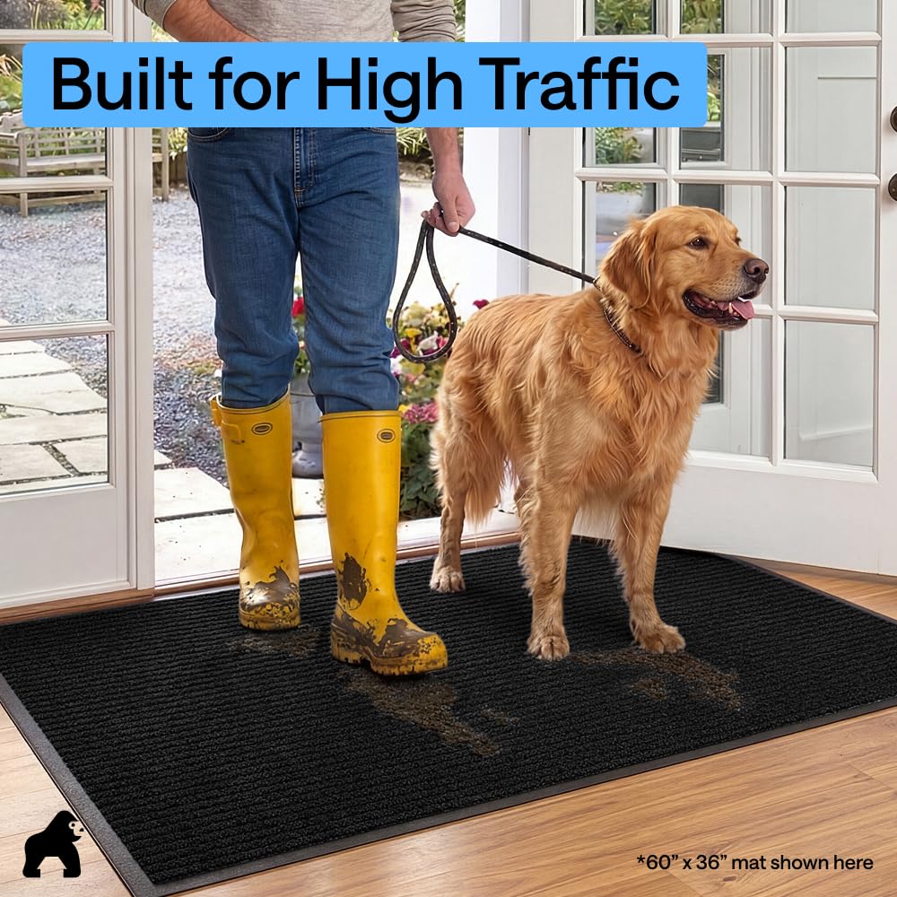 GORILLA GRIP Waterproof Traffic Guard Door Mat, 2 Pack, Indoor Outdoor Heavy Duty Entryway Mats, Strong Backing Commercial Utility Rugs, Office Hallway, Garage, Patio, Low Profile Runner, 29x17 Black