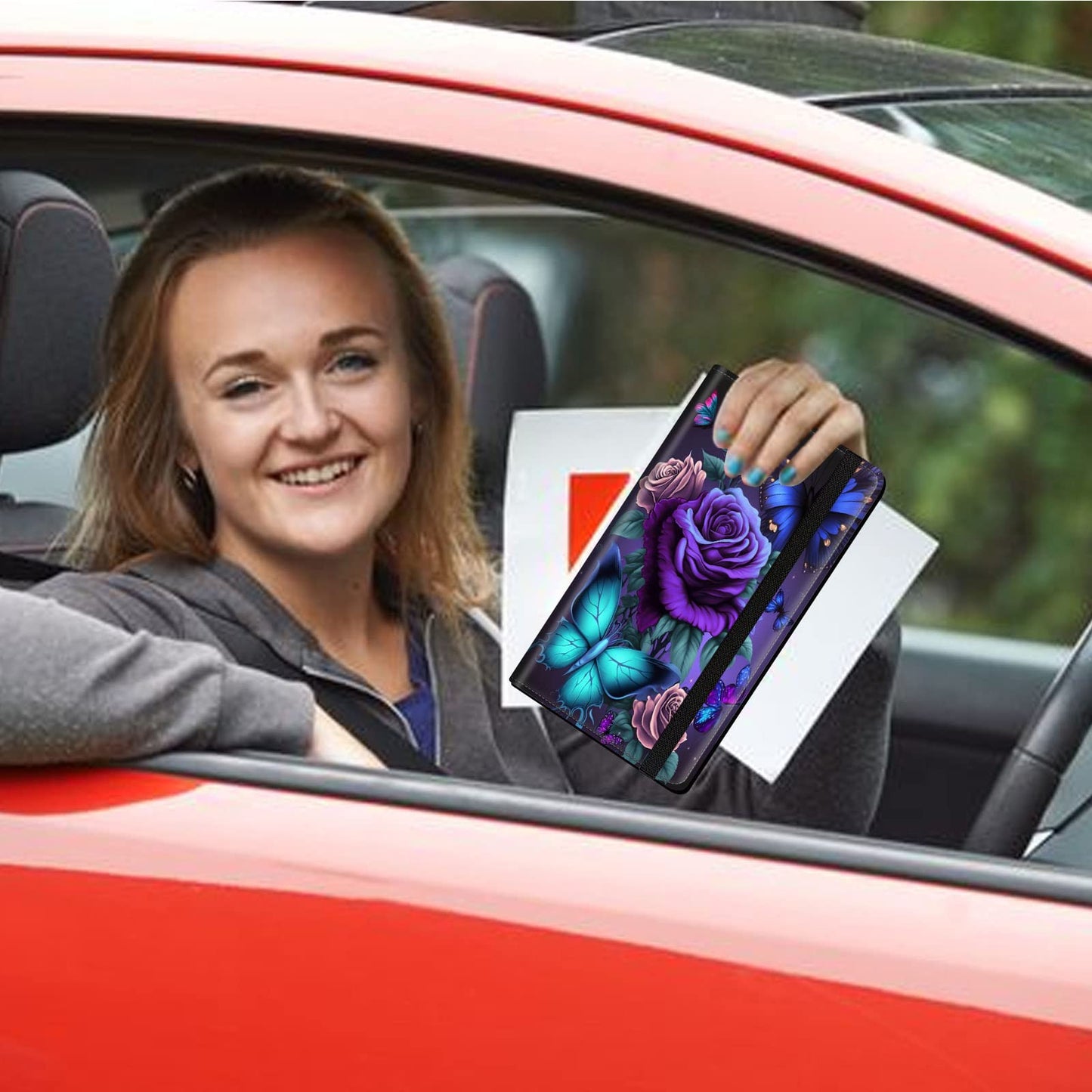 Car Registration and Insurance Holder, Leather Car Glove Box Organizer, Cool Car Accessories for ID, Driver's License Cards & Essential Document, business cards, Men&Women,Blue Pink Roses Butterfly