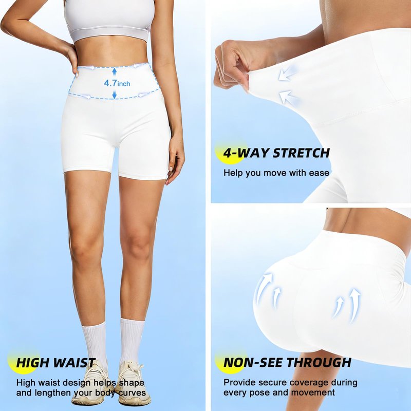 FULLSOFT High Waisted Biker Shorts with Pockets for Women -5" Tummy Control Fitness Athletic Workout Clothes for Women Running Yoga Gym Booty Spanx Shorts((White(with Pockets),Large-X-Large)