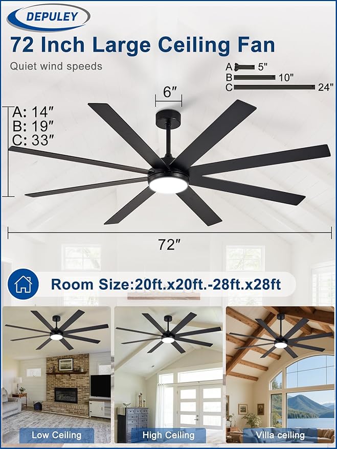 Depuley 72" Ceiling Fans with Lights: Black Indoor/Outdoor Ceiling Fan for Patios Living Room - 8 Blades Dimmable Large Ceiling Fans with Remote APP Control Timer Reversible Quiet DC Motor 6 Speeds