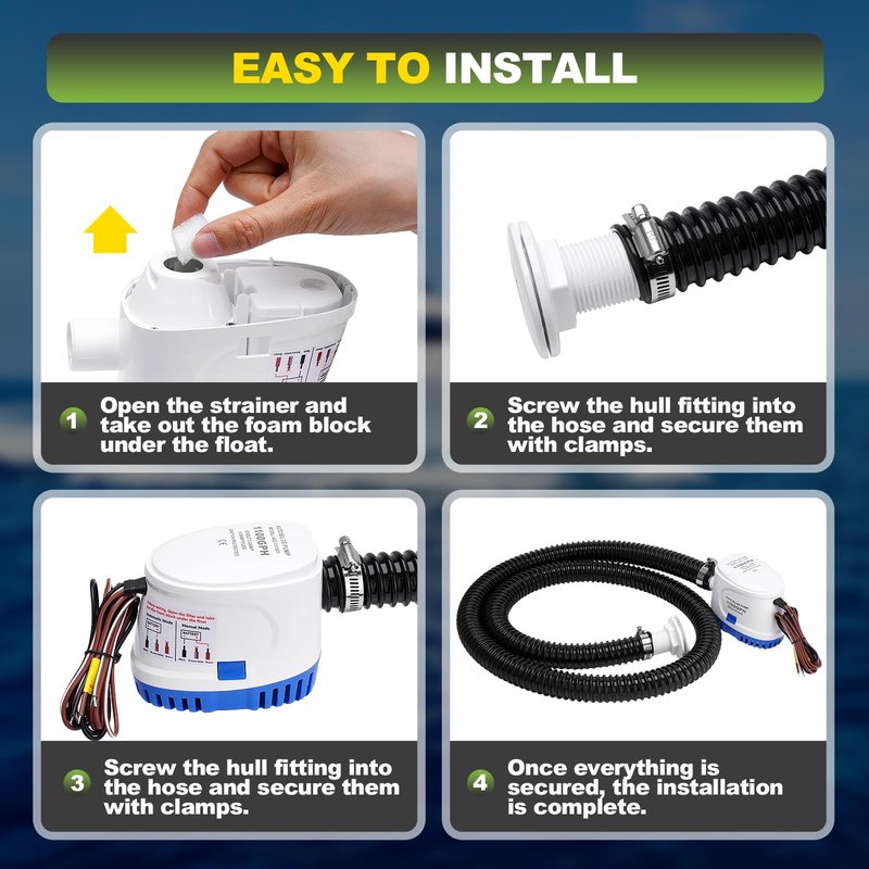 1100 GPH Automatic Boat Bilge Water Pump 12V with 3 Way Switch Panel & 1-1/8 Inch Dia Bilge Pump Plumbing Kit Ideal for Fishing Boats, Cruisers, Runabouts, Yachts