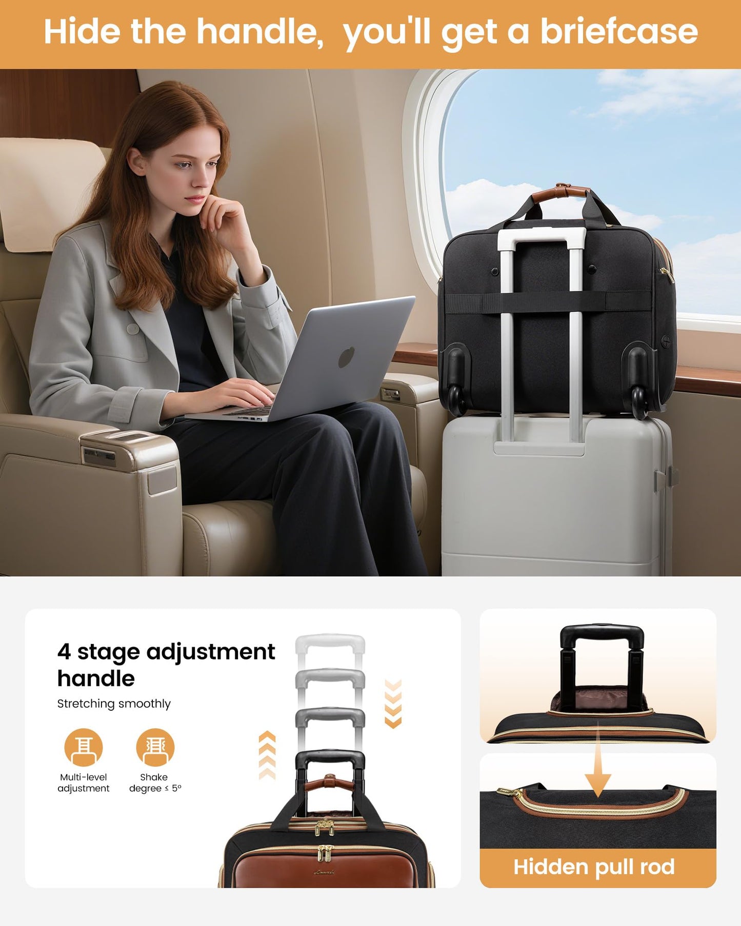LOVEVOOK Rolling Laptop Bag Women, 17.3 Inch Laptop Briefcase with Wheels, Soft Sided Underseat Carry On Luggage Personal Item Suitcase for Work Travel Business, Black Brown