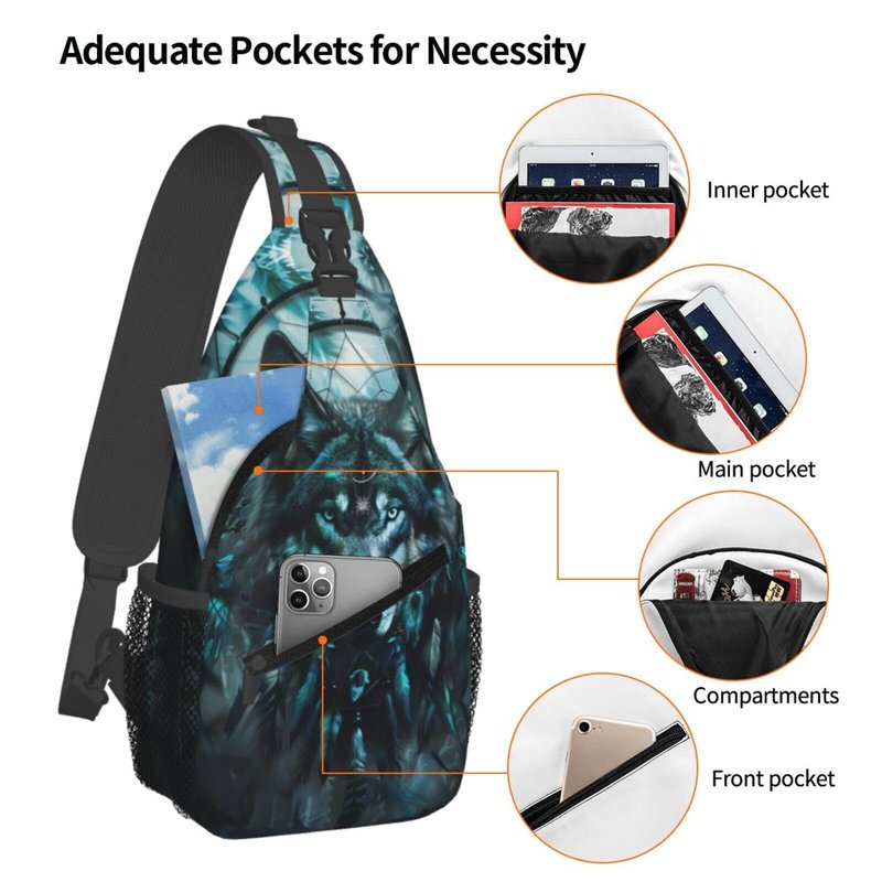 Wolf Dream Catcher Sling Backpack Chest Bag Crossbody Shoulder Bag Gym Cycling Travel Hiking Daypack For Men Women