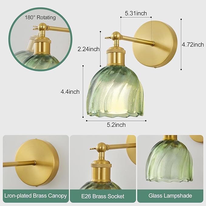Vintage Battery Powered Cordless Wall Sconce Set of 2, Battery Wall Sconce with Green Glass Lampshade, Rechargeable Battery Powered Wall Lights with Remote Control for Bedside Bedroom Doorway