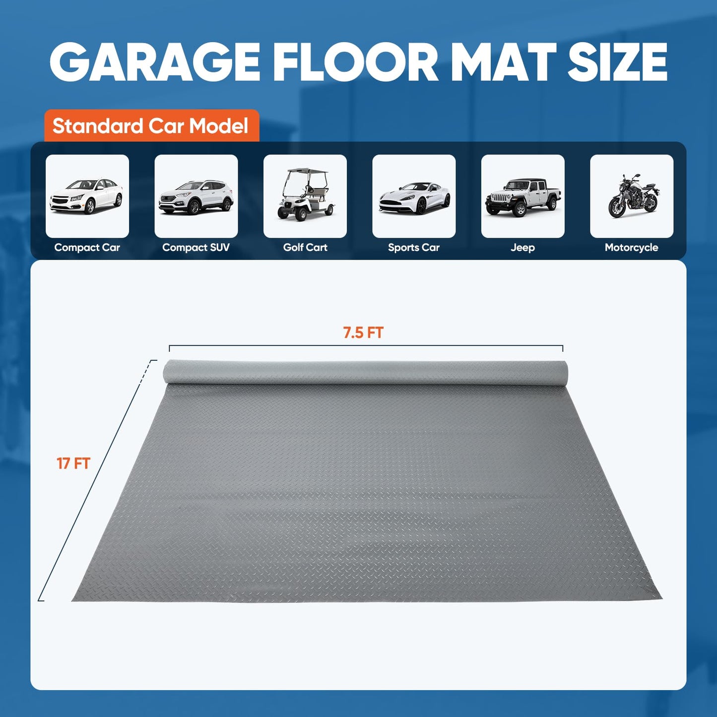FAHKNS 7.5 x 17 FT Garage Floor Mat, Thickened Diamond Plate PVC Garage Parking Mat, Waterproof Rubber Trailer Mat Garage Tire Mats forCar, Trailer, SUV, Basement, Gym, Shed - Gray
