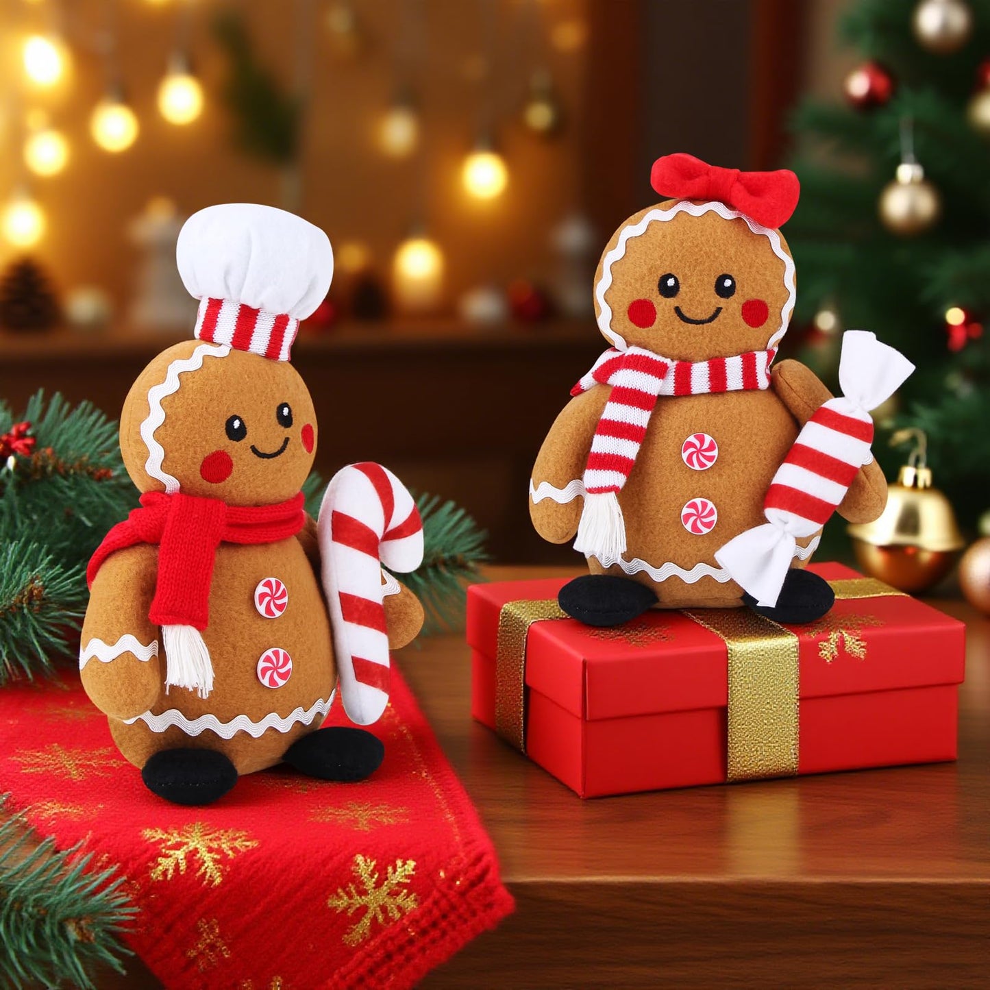 BWFY Christmas Gingerbread Man Plush Toys Set of 2, Festive Gingerbread Couple Stuffed Animals with Candy Props, Xmas Decorations & Gifts, Christmas Holiday Home Decor