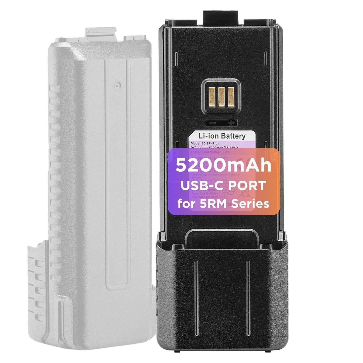 BAOFENG Upgraded BL-5RH Plus 5200mAh Battery with USB-C Charging Port, Long-Life Li-ion Rechargeable Battery for UV-5RM Plus/5RM/AR-5RM/UV-5RM Plus GPS/5RH/5RH PRO Two Way Radio