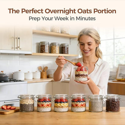 ComSaf 17oz Overnight Oats Containers with Lids 6-Pack, Wide Mouth Glass Jars for Meal Prep, 500ml Airtight Glass Canisters with Wire Clamp for Sourdough Starter, Fridge Pickling & Pantry Organization