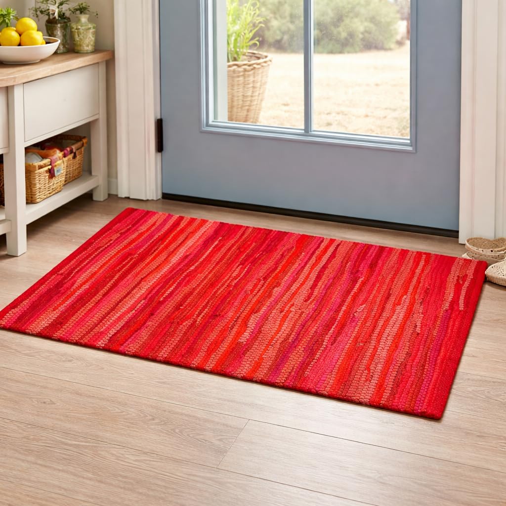 Savi Home Hand Woven 100% Cotton Chindi Rag Rug 20"x32" - Red Multi, Recycled Reversible Rug, Boho Farmhouse Rugs for Living Room, Dining Room, Kitchen, Entryway, Bedroom Rugs