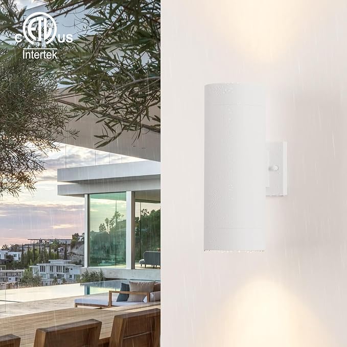 mirrea 14" Modern Outdoor Porch Light Patio Light in 2 Lights with Aluminum Cylinder and Tempered Glass Cover Waterproof Wall Sconce 2 Pack (Matte White)