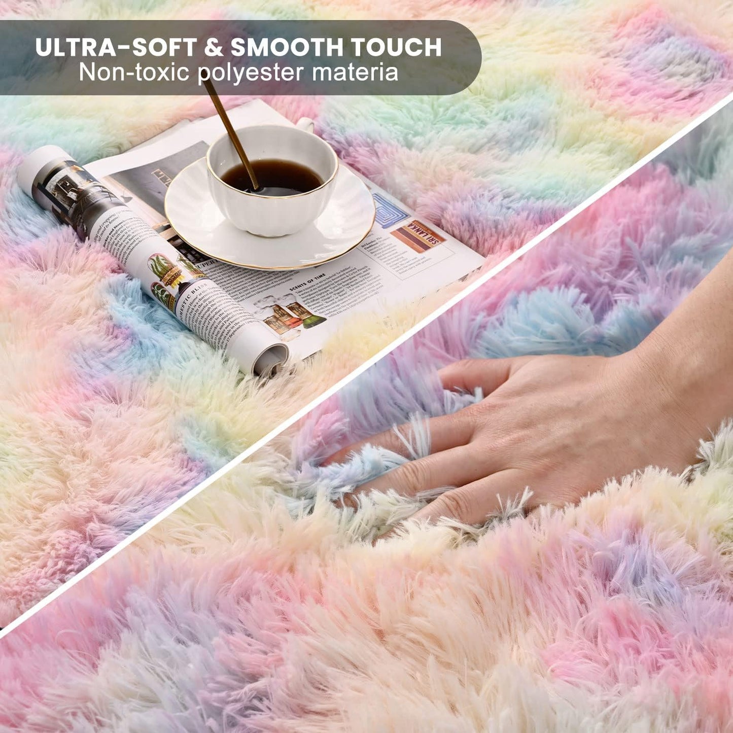 Terrug Fluffy Area Rug for Bedroom, Rainbow 3x5 Ft Throw Rug for Living Room Kids Room, Ultra-Soft Plush Washable Carpet with Non-Slip Rubber Backing, Cozy Floor Decoration