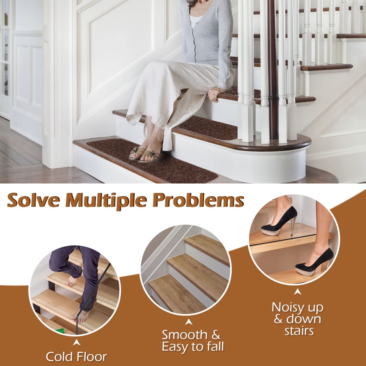 Seloom Upgraded 9" x 36" Stair Treads for Wooden Steps- Carpet Non-Slip with Non Skid Backing Specialized for Indoor Steps, Removable Washable Runners Perfect for Dogs (Brown,15-Pack, Solid)