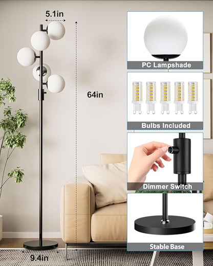 Lightdot 5-Globe Dimmable Globe Floor Lamp Black Standing Lamps with 5Pcs 3000K G9 Bulbs Stepless Brightness Adjustable Retro Mid Century Modern Floor Lamp with Stable Base for Living Room/Office