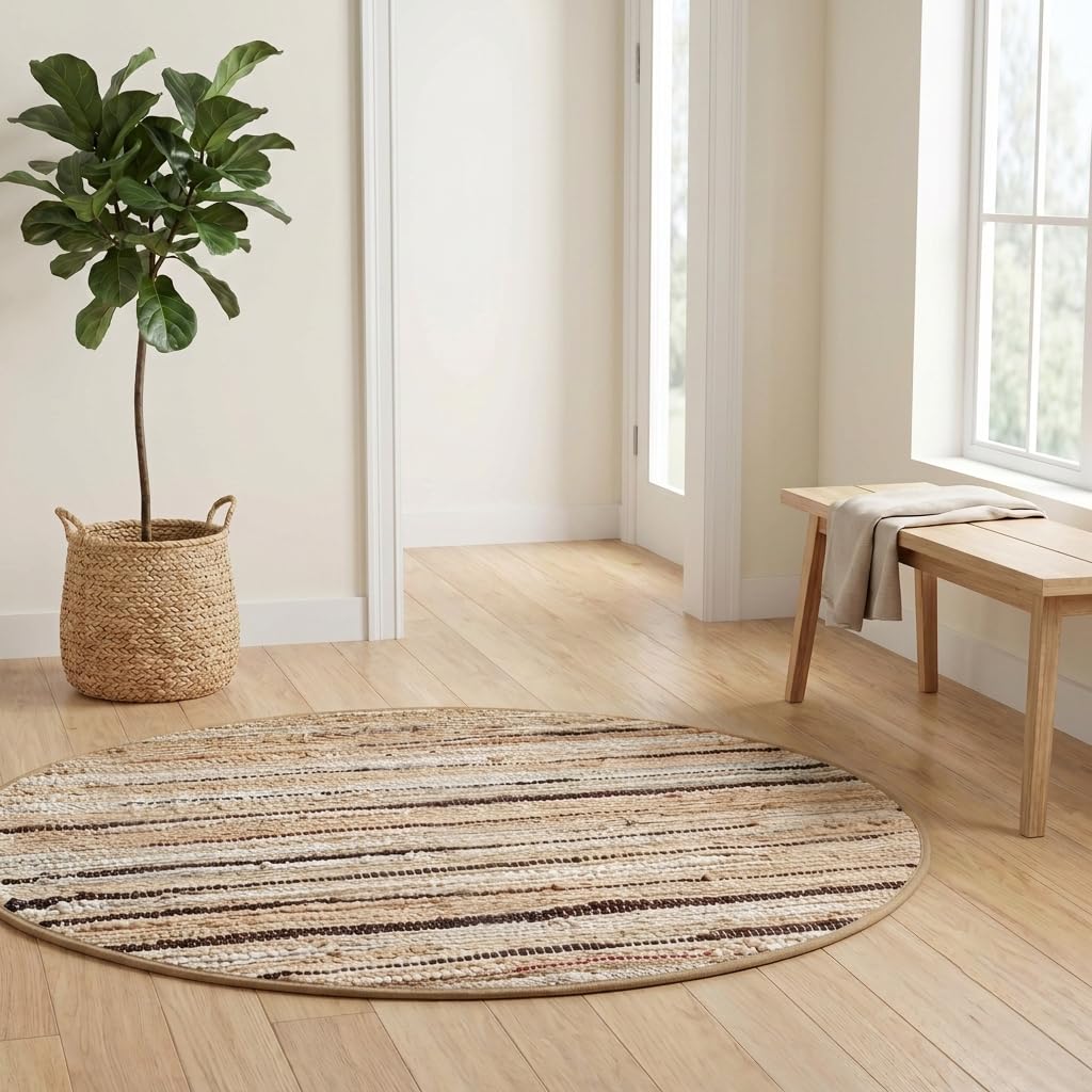 Cotton Hand Woven Chindi Area Rug 4 Feet Round - Beige, Reversible Circle Green Dinning Space Floor Rugs Ideal for Bedroom, Living Room, Kitchen | Linen Farmhouse Recycled Patio Mats for Balcony Décor