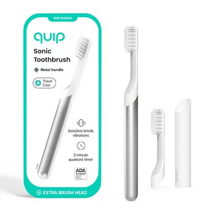 Quip Metal Sonic Electric Toothbrush for Adults - Time Travel & Soft Bristles with Travel Case & Replacement Brush Head - 3 Month Battery Life - Indigo