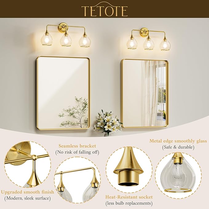 TETOTE 3-Light Modern Bathroom Light Fixtures, 3 Light Vanity Lights Over Mirror Gold Wall Lamp with Clear Glass for Bathroom, Mirror, Living Room, Bedroom, Hallway