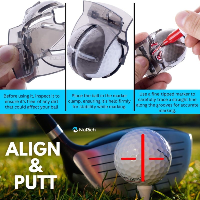 NuRich Golf Ball Line Marker Tool | Golf Ball Putting Alignment Marking Tool | Golf Accessories Tool | Fits in Golf Bag and Easy to Carry on Golf Course | 2 Pack