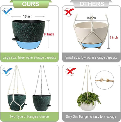 10 inch Self Watering Hanging Planters, 2 Pack Hanging Flower Pots for Indoor Outdoor Plants, Hanging Baskets with Drainage Holes & 2 Kinds of Plant Hangers for Home Decor, Speckled Black