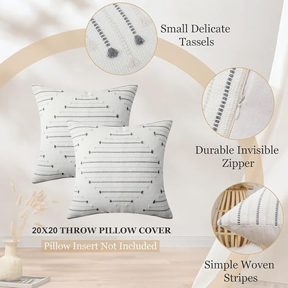 Mecatny Boho Outdoor Throw Pillow Covers 20X20 Set of 2, Farmhouse Decorative Pillow Covers for Couch Sofa Living Room, Beige & Grey