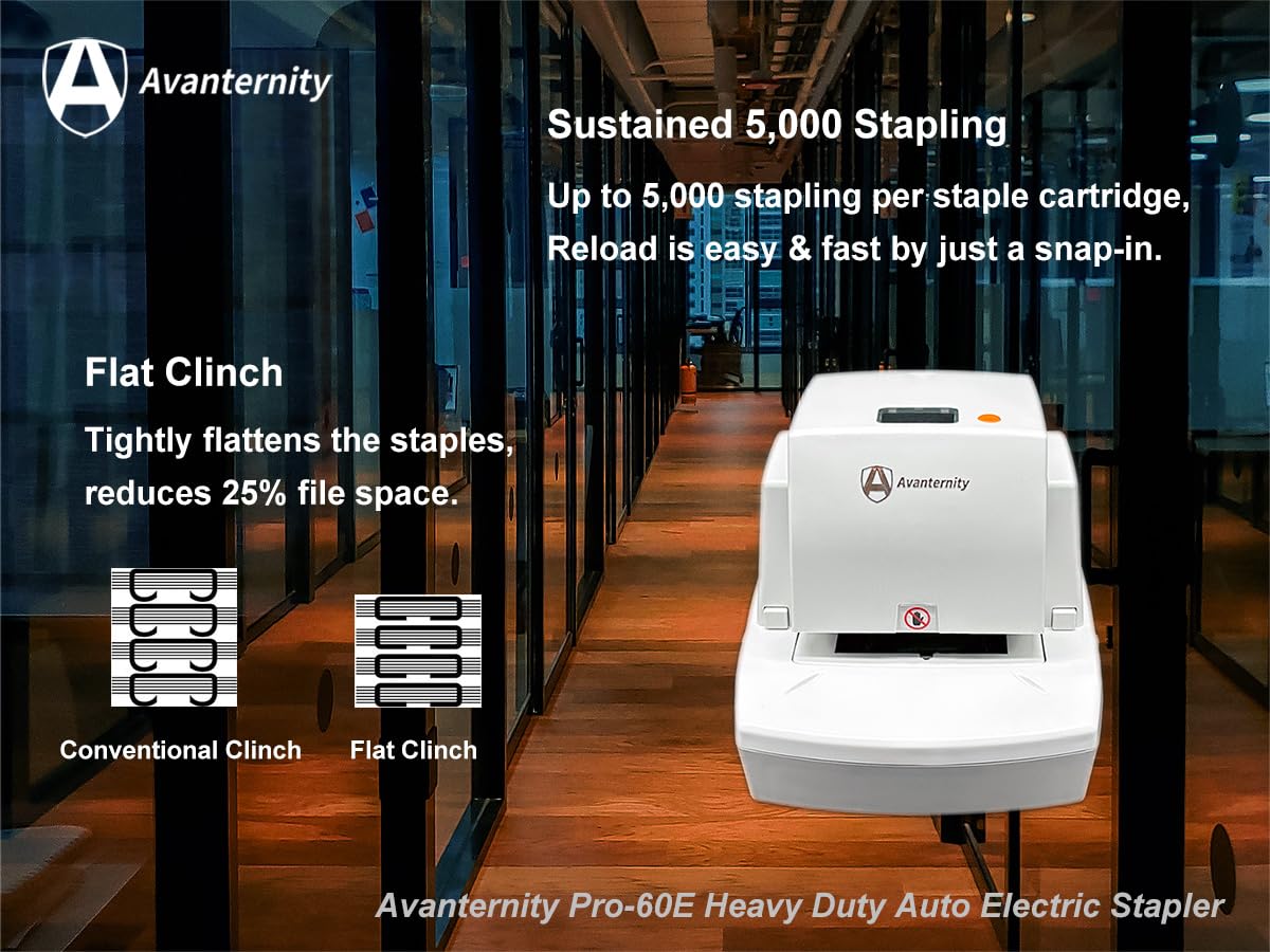Avanternity's Pro-60E Heavy Duty Auto Electric Stapler (Value Kit) - Secured 60 Sheet Capacity, Includes 20,000 Staples