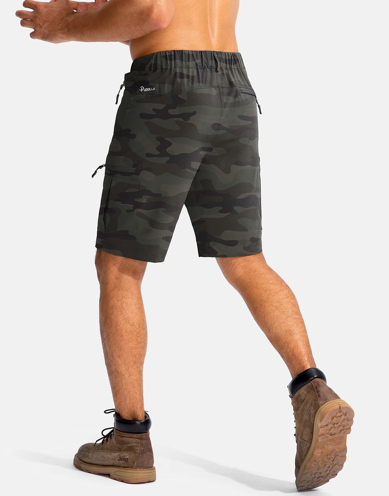 Pudolla Men's Hiking Cargo Shorts 9" Lightweight Outdoor Work Shorts for Men Travel Golf Camping Casual with 5 Zipper Pockets(Green Camo Medium)
