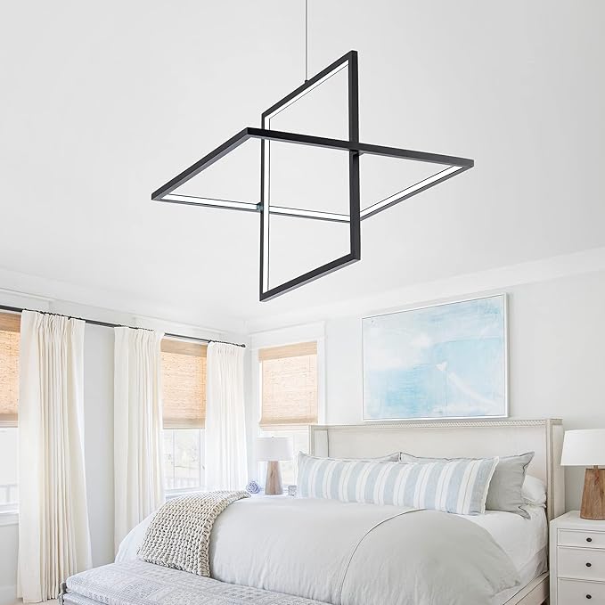 Modern LED Chandelier - Square Pendant Light, Contemporary Style, Dimmable for Living, Dining, Bedroom, Kitchen, Study Room - 65W, 6000K Cool Light (Black)